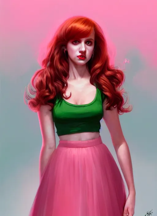 Image similar to full body portrait of teenage cheryl blossom, bangs, green eyes, sultry expression, red hair, sultry smirk, bangs and wavy hair, pink skirt, intricate, elegant, glowing lights, highly detailed, digital painting, artstation, concept art, smooth, sharp focus, illustration, art by wlop, mars ravelo and greg rutkowski