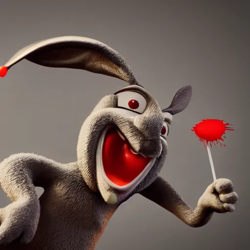 Prompt: bugs bunny murders with blood spray, rule of thirds, airbrush, insanely detailed, photorealistic, 8 k, octane render.