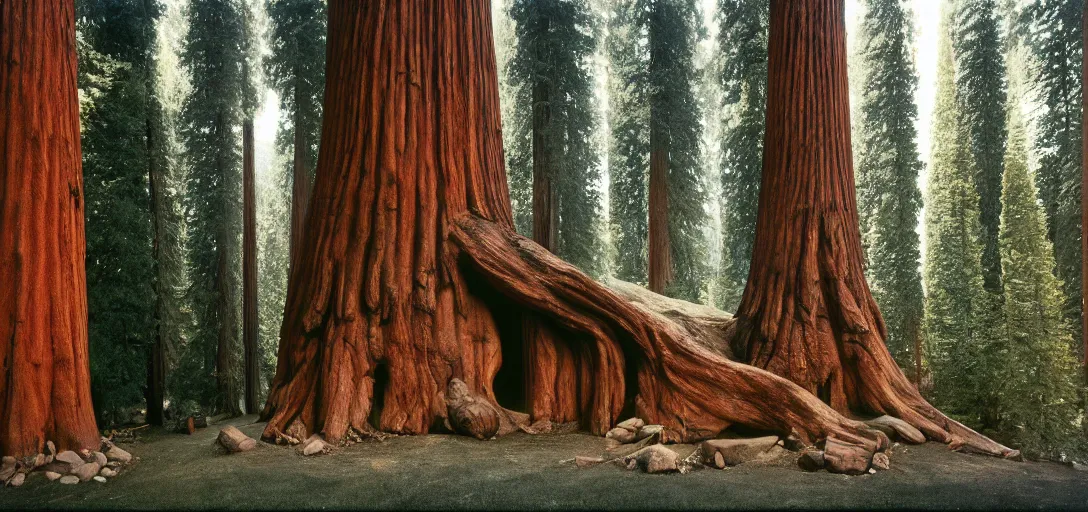 Prompt: house built into and inside a single giant sequoia. color photograph by jerry uelsmann. fujinon premista 1 9 - 4 5 mm t 2. 9. portra 8 0 0.