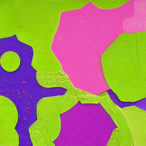 Image similar to abstract paper collage in hot pink, lime green, and purple; highly detailed; torn edges