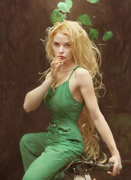 Image similar to a young april with a mischievous face and extremely long blonde wavy hair dressed in a green pale mechanic suit, she have three little scars marks on her forehead, intricate detailed face, artgerm, greg rutkowski, alphonse mucha