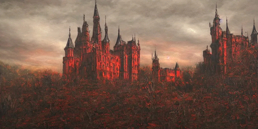 Image similar to a beautiful and gothic castle in the distance. Red sky. Dark ambient. Gothicpunk. Detailed oil on canvas. Art in style of Frances Ann Hopkins. High definition