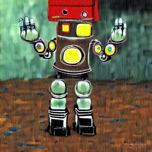 Prompt: robot dancing in the rain, digital art