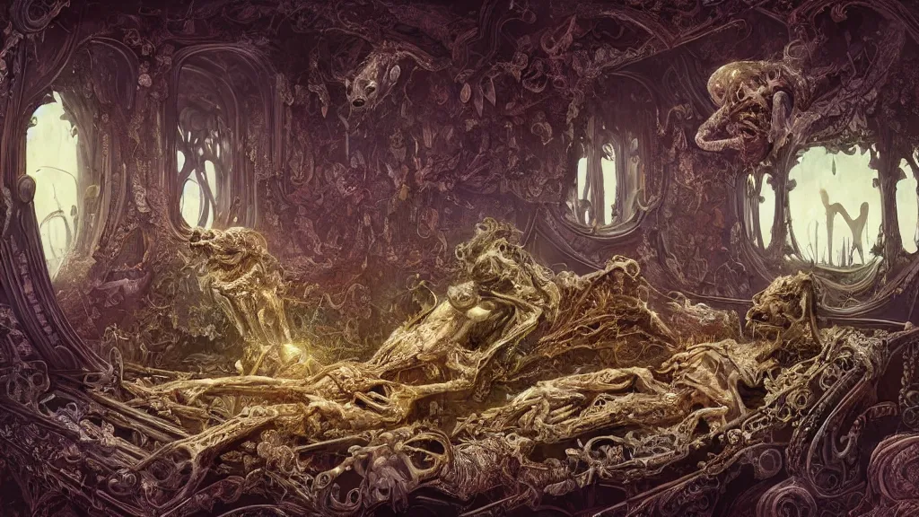 Image similar to inside of angel anatomy sitting on an ornate victorian couch made out of decomposing animals, intricate, detailed, volumetric lighting, sharp focus, photorealism, digital painting, highly detailed, concept art, by roger dean and simon stalenhag and mark brooks