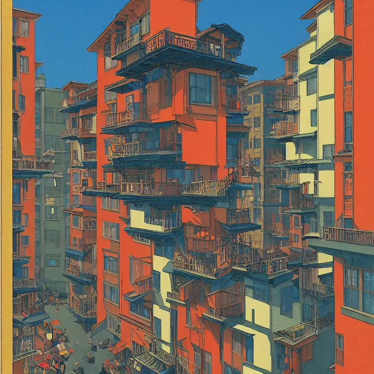 Prompt: workers exploited, living in hostels with bunk beds stacked on top of one another, by kawase hasui, moebius and edward hopper, vivid bright light, colorful flat surreal design, hd, 4 k, artstation