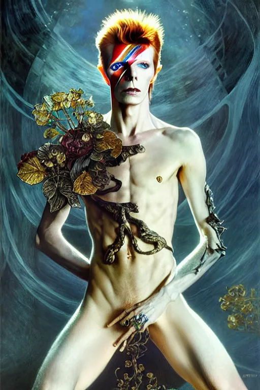 Image similar to David Bowie, fantasy, intricate, elegant, dramatic lighting, emotionally evoking symbolic metaphor, highly detailed, lifelike, photorealistic, digital painting, artstation, concept art, smooth, sharp focus, illustration, art by John Collier and Albert Aublet and Krenz Cushart and Artem Demura and Alphonse Mucha