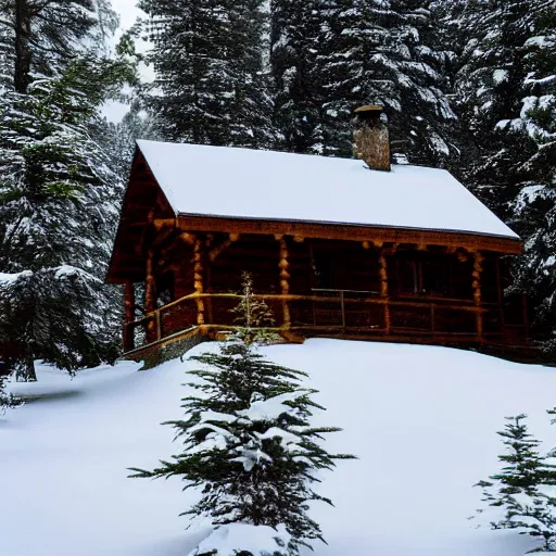 Image similar to winter cabin in the woods, snow falling, pine trees, photograph, f 8. 0 3 2 mm,