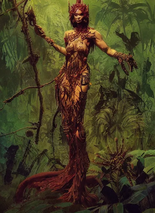 Image similar to a full body portrait of a jungle queen, intricate, elegant, highly detailed, vivid colors, john park, frazetta, sparth, ruan jia, jeffrey catherine jones