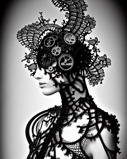 Prompt: surreal dark black and white photo portrait of complex bio-mechanical beautiful young female vegetal-cyborg with a Mandelbrot fractal steampunk metal fine lace face, a very long neck and a fine metal floral foliage super big lace collar by Alexander McQueen:: smoke, high fashion, haute couture, rococo, steampunk, silver filigree details, anatomical, facial muscles, cable wires, microchip, elegant, dreamy, foggy atmosphere, hyper realistic, 150 mm lens, soft rim light, octane render, unreal engine, picture was taken in 1910 by Man Ray, volumetric lighting, dramatic light,8k,