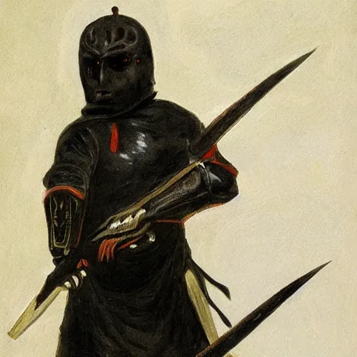Prompt: A dark warrior with a black blade, painted by Robert Gould