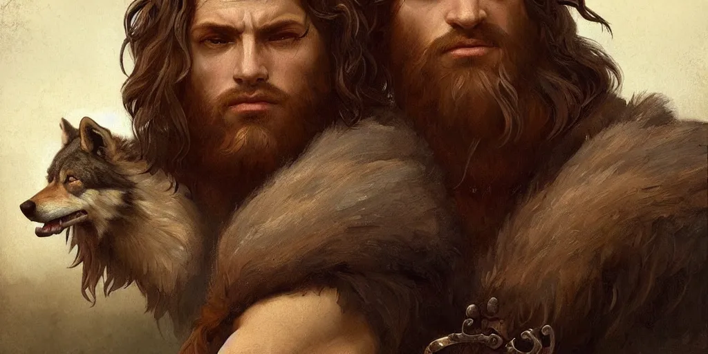 Image similar to renaissance painting portrait of a gruff ranger with a wolf, lean and toned, handsome face, hairy chest, Savage Worlds, intricate, elegant, highly detailed, digital painting, artstation, concept art, matte, sharp focus, illustration, art by da Vinci, Artgerm and Greg Rutkowski and Alphonse Mucha