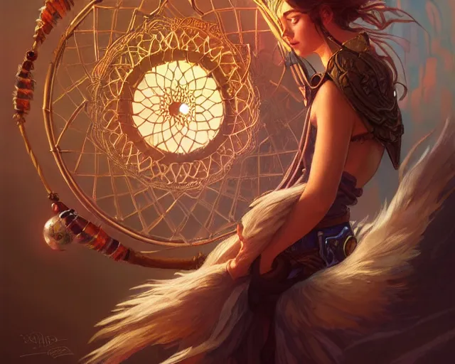 Image similar to dream catcher catching a dream, deep focus, d & d, fantasy, intricate, elegant, highly detailed, digital painting, artstation, concept art, matte, sharp focus, illustration, hearthstone, art by artgerm and greg rutkowski and alphonse mucha