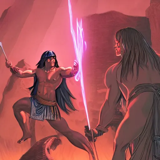 Prompt: conan the barbarian illustration with bisexual lighting drawn in the style of early modern science fiction pulp art