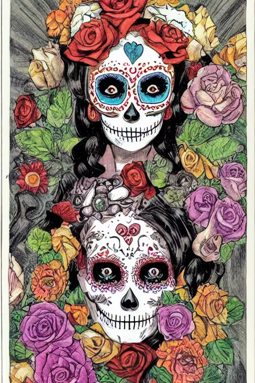 Prompt: Illustration of a sugar skull day of the dead girl, art by m w kaluta