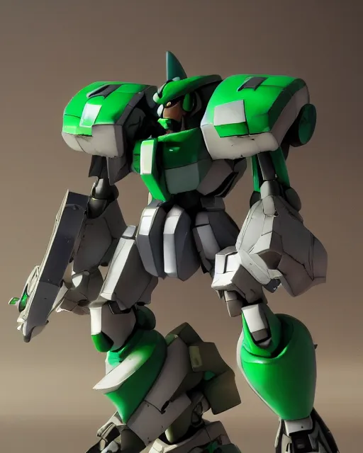 Image similar to Luigi as a Mecha, Perfect Grade Gunpla, hyperdetailed, full body, LED effects, professional paint job, distressed paint, dynamic low angle shot, photoreal, caustics, octane render, redshift render, Vray render, all in focus, unreal engine, post processing,