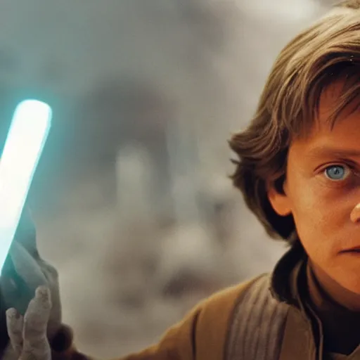 Image similar to film still of mark hamill as a kid in new star wars movie, dramatic lighting, highly detailed face, kodak film, wide angle shot,