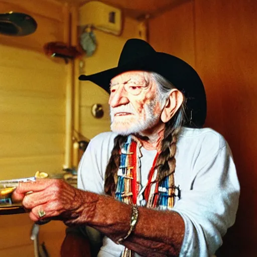 Image similar to willie nelson having a smoke in his trailer.