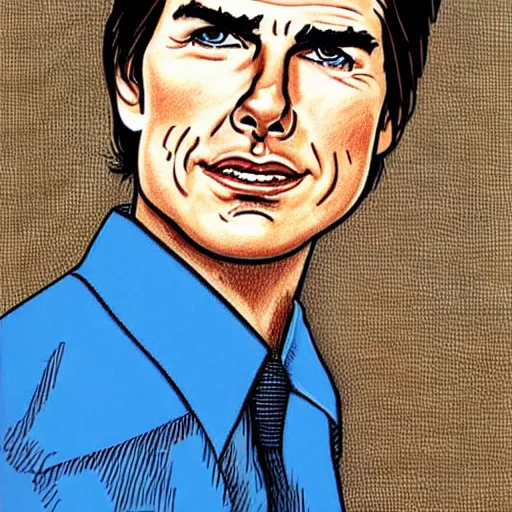 Image similar to a portrait drawing of Tom Cruise drawn by Robert Crumb