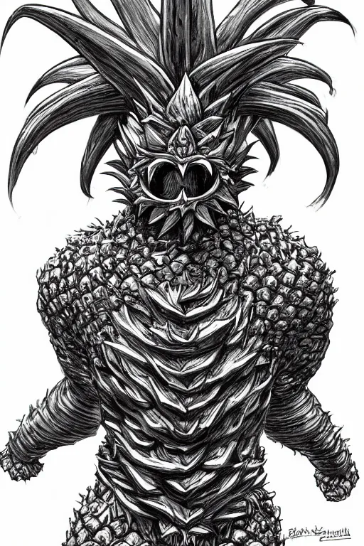 Image similar to screeching pineapple humanoid figure monster wearing themed armour, symmetrical, highly detailed, digital art, sharp focus, trending on art station, kentaro miura manga art style