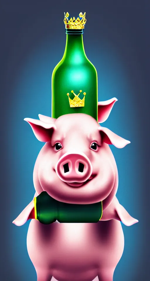 Image similar to cute pig wearing a crown holding a bottle, hyper realistic, ultra detailed, cinematic, dynamic lighting, photorealistic, refined, intricate, digital art, digital painting, masterpiece, 8k