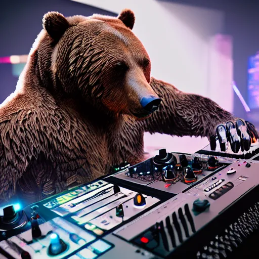 Image similar to a cyborg grizzly bear dj mixing records on stage, photorealistic, highly detailed, illustration, lifelike, highly detailed, intricate, octane render, sharp focus, cyberpunk