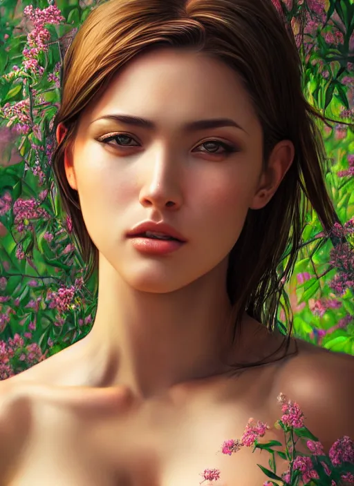 Image similar to photo of a gorgeous female in the style of stefan kostic, realistic, half body shot, sharp focus, 8 k high definition, insanely detailed, intricate, elegant, art by stanley lau and artgerm, extreme bokeh foliage