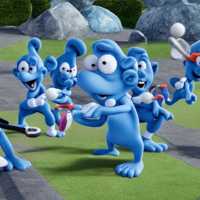 Prompt: the smurfs play tennis in an amusement park. cinematic 4 k