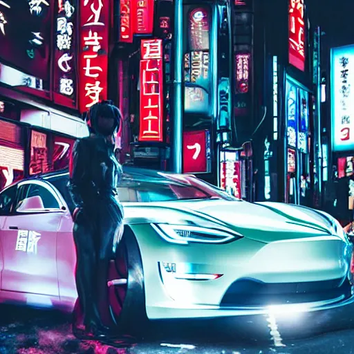 Prompt: cyberpunk tesla in the streets of tokyo, anime style