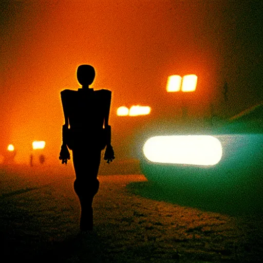 Image similar to a glowing skeleton walking. still from blade runner.