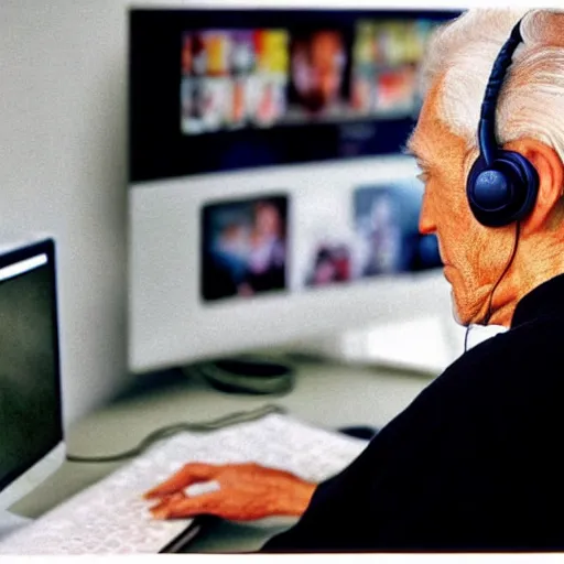 Image similar to A colored colorized real screenshot of Jerma985 as an elderly guy streaming on his computer while wearing headphones, taken in the early 2020s, taken on a 2010s Camera, realistic, hyperrealistic, very realistic, very very realistic, highly detailed, very detailed, extremely detailed, detailed, digital art, trending on artstation, headshot and bodyshot, detailed face, very detailed face, very detailed face, real, real world, in real life, realism, HD Quality, 8k resolution, intricate details, colorized photograph, colorized photon, body and headshot, body and head in view