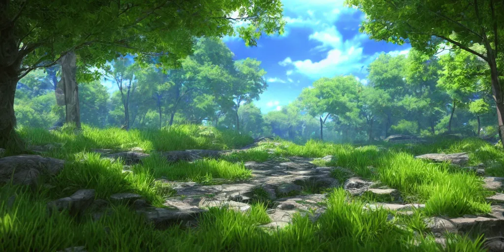 Image similar to beautiful 3 d nature environment from genshin impact, ingame rendering, cell shaded, screenshot, beautiful colors, 8 k, detailed, award winning, unreal engine 5, stylized, popular on artstation, anime style, nostalgic