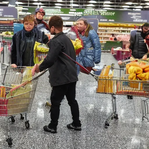 Image similar to hobbits in Asda looking at the cheap meat