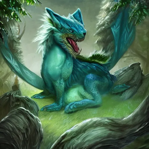 Prompt: An elegant green, blue dragon with a wolf like face, it has a furry body and leathery wings, sitting on a clearing in a flowery, jungle, detailed, mtg, digital illustration, trending on artstation