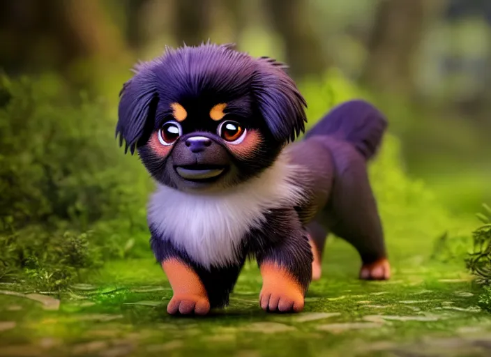 Prompt: black tibetan spaniel como nendoroid caminando en un bosque al estilo de la pelicula croods, anime, disney, pixar, 8 k, hd, dof, pelicula kodak, iluminacion volumetrica, dispersion del subsuelo, fotorrealista, octanaje, detalles