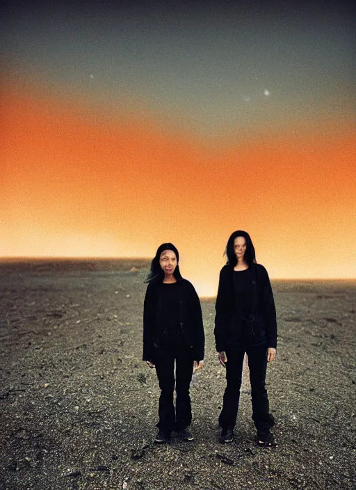 Prompt: cinestill 5 0 d photographic portrait of two loving clones, beautiful women wearing rugged black techwear on a desolate plain with a red sky, extreme closeup, lizard on ground, cyberpunk style, in front of a brutalist dark metal facility, dust storm, 3 5 mm, 8 k, f / 3 2, high resolution, ultra realistic faces