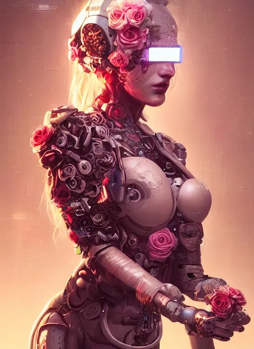 Image similar to portrait of a seductive female with roses, cyberpunk cyborg. roses, muted colors, sci - fi, intricate abstract upper body intricate artwork, by tooth wu, wlop, beeple, dan mumford. concept art, octane render, deviantart, greg rutkowski, cinematic arthouse, key art, hyper realism, iridescent accents