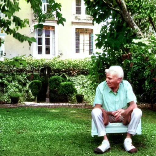 Image similar to mid white hair old man with green shirt and white short, sitting in ile de re house garden, still from purple noon