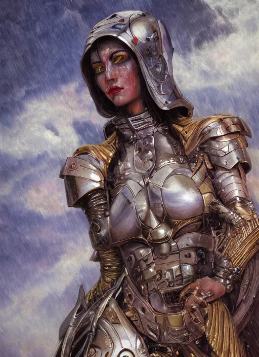Image similar to biblical diabolical beautiful female valkyree android, slick metal armor, jump, heavy eyes to the side, closeup, bright glowing veins, in clouds, rain, sunset, portrait, by gerald brom, by mikhail vrubel, by peter elson, muted colors, extreme detail, reflections, trending on artstation, 8 k