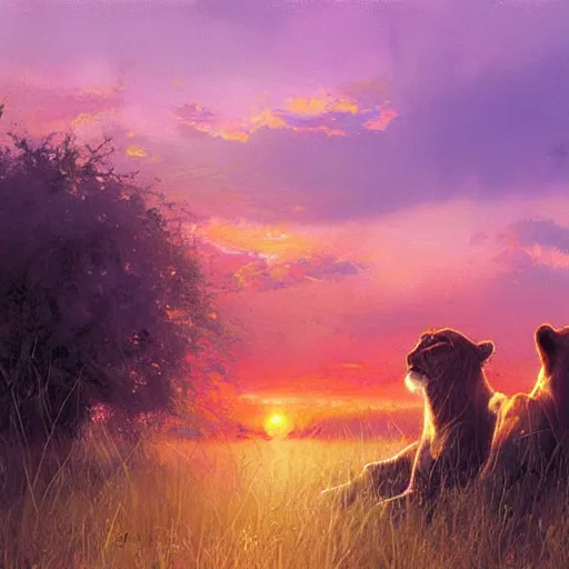 Image similar to twin flame lioness and lion art pink sunset hue highly detailed oil painting hue by craig mullins