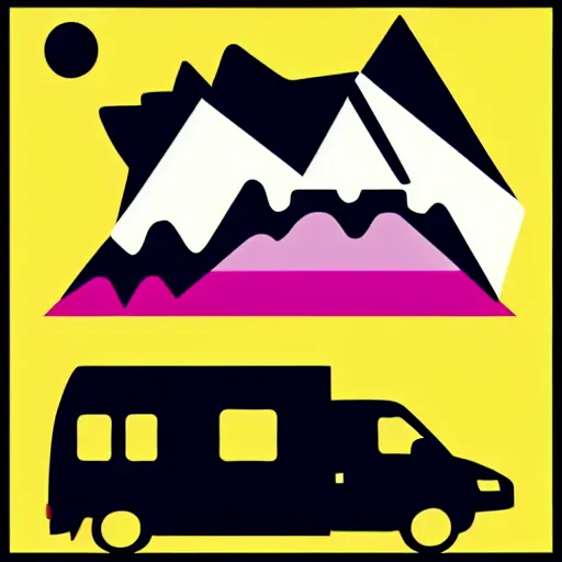 Prompt: stylized stencil graphic of a white and black cute thor chateau! motorhome camper!!, mountains, colorful sunset!!, stencil by tom whalen