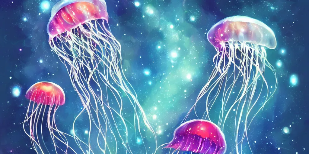 Prompt: Beautiful colored jellyfish in space, gorgeous, amazing, elegant, intricate, highly detailed, digital painting, artstation, concept art, sharp focus, illustration, art by Ross tran