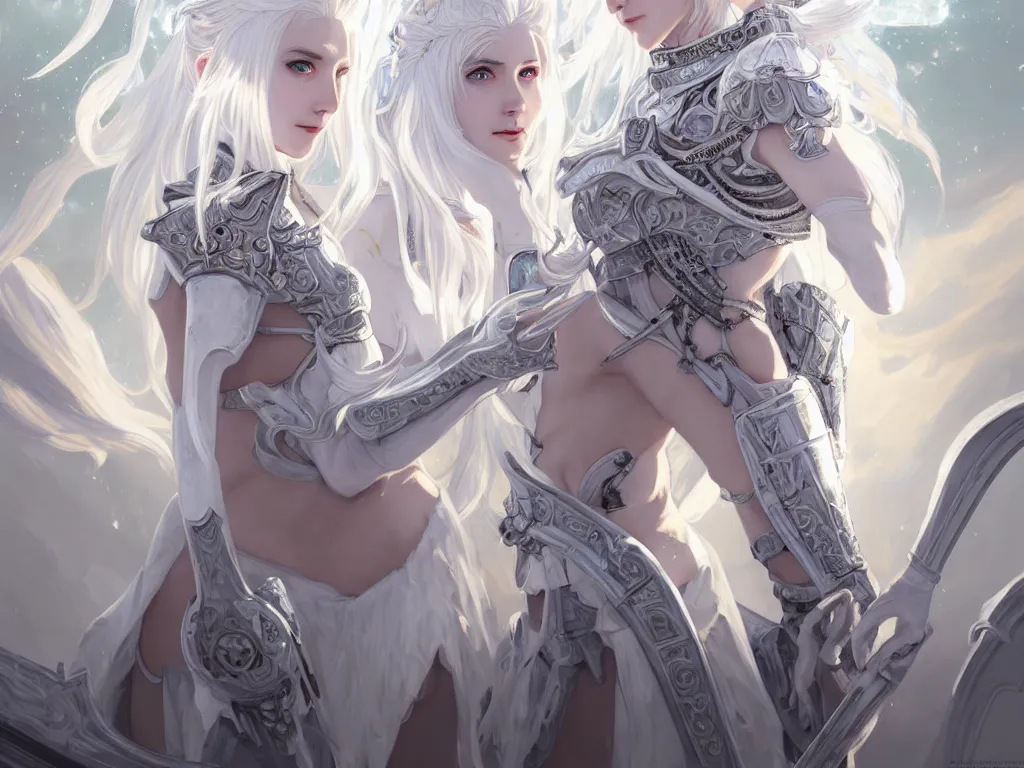 Image similar to portrait white hair knights of zodiac girl, matt white ice color armor, in ruined agora of athens sunrise, ssci - fi and fantasy, intricate and very beautiful and elegant, highly detailed, digital painting, artstation, concept art, smooth and sharp focus, illustration, art by ayanamikodon and tian zi and alphonse mucha