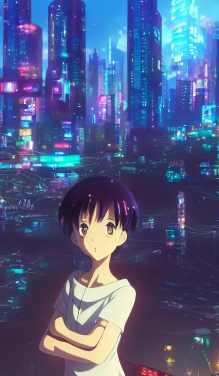 Image similar to anime fine details portrait of Marin in front of cyberpunk moder city landscape on the background deep bokeh, close-up view, anime masterpiece by Studio Ghibli. 8k, sharp high quality anime, artstation