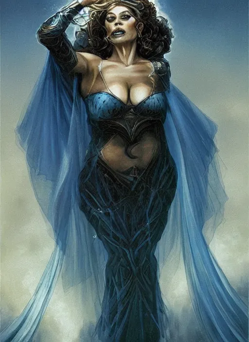 Prompt: portrait of mighty plump female sorceress, blue tiara and veil, lightning halo, strong line, muted color, beautiful! coherent! by brom