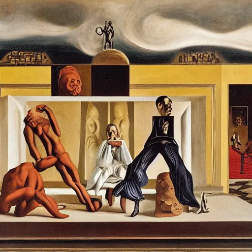 Image similar to the problem of evil, philosopy, by de chirico, by dali, by paula rego, by neo rauch