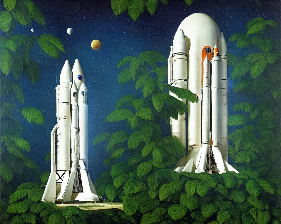 Prompt: an achingly beautiful print of the Apollo 11 capsule in the middle of a tropical rainforest by Raphael, Hopper, and Rene Magritte. detailed, romantic, enchanting, trending on artstation.