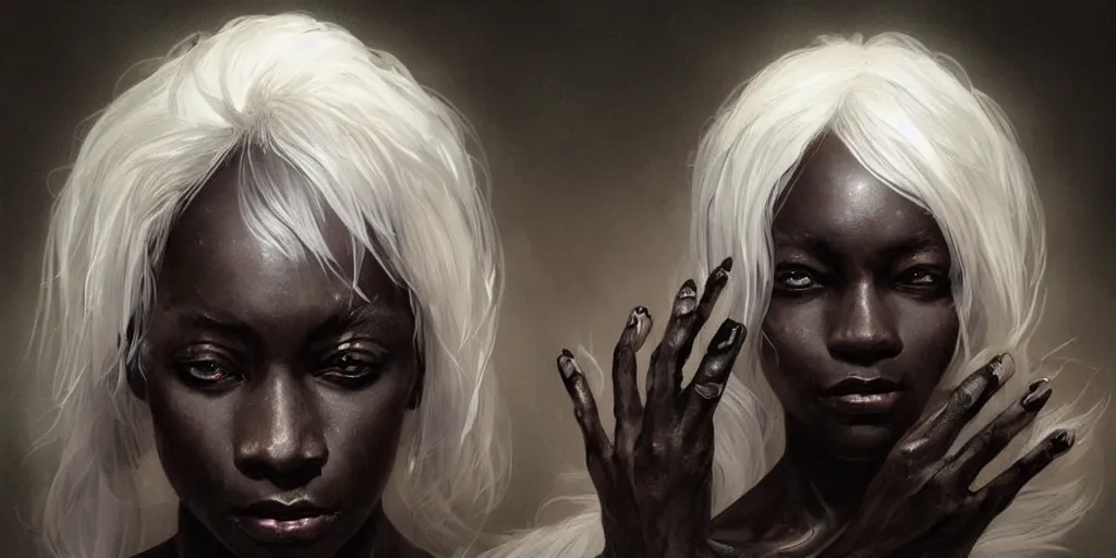 Image similar to drow black skin, many hands, gnarled fingers, intense black eyes, intense white hair, intense lighting, light beams, lens flare, intricate, elegant, highly detailed, digital painting, artstation, concept art, smooth, sharp focus, illustration, art by artgerm and greg rutkowski and alphonse mucha