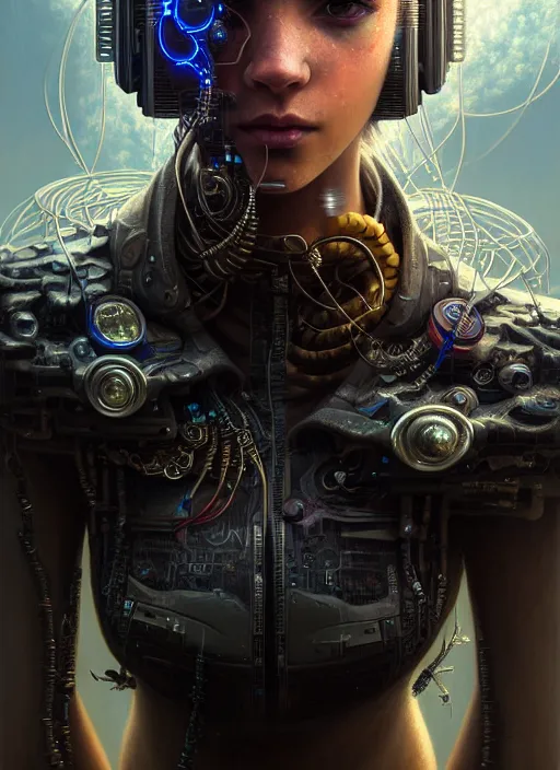 Image similar to closeup portrait shot of a cyberpunk teenager in a scenic dystopian environment, intricate, elegant, highly detailed, centered, digital painting, artstation, concept art, smooth, sharp focus, illustration, artgerm, tomasz alen kopera, peter mohrbacher, donato giancola, joseph christian leyendecker, wlop, boris vallejo