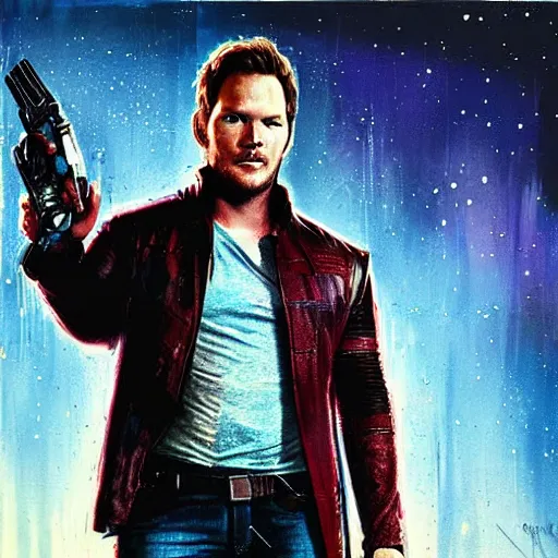 Image similar to the actor chris pratt as star lord posing together with the doll chucky from the movie child's play, inside a starship, oil painting, by greg rutkowski