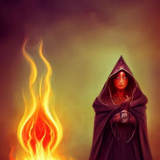 Image similar to ( a priestess with a hood that covers half her face carries an incense burner that emits a pleasantly colored flame. ) by anato finnstark, dream, full body portrait, dynamic lighting, beautiful, trending on artstation, wallpaper, 4 k, award winning, digital art, very detailed faces